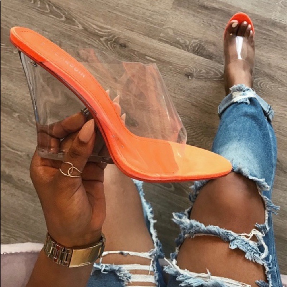 Clear-orange wedge heels